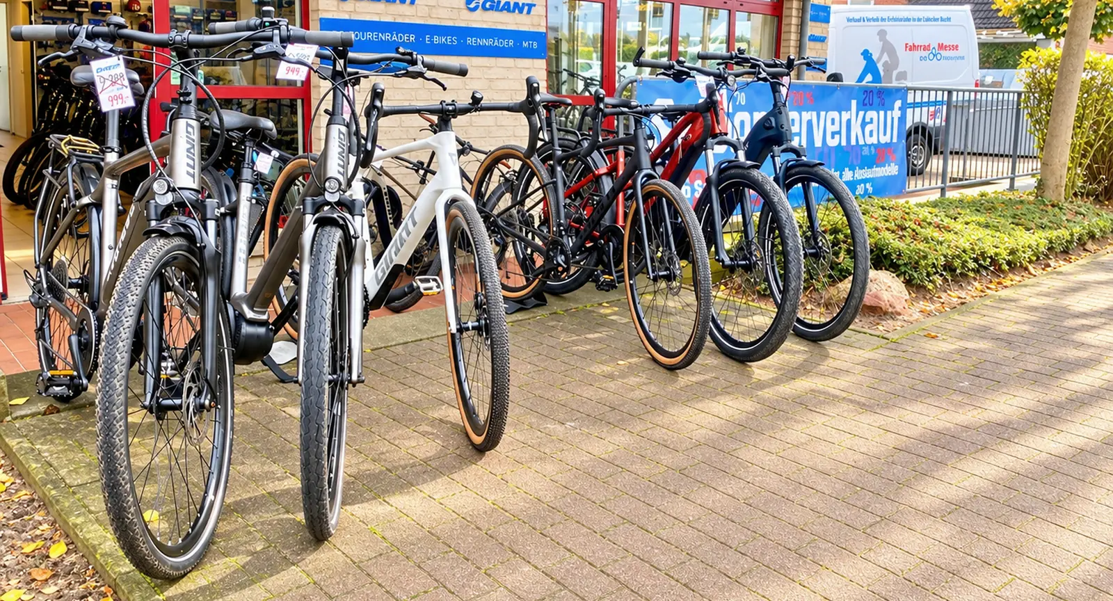 Abverkaufsräder mit Preisschildern vor dem Laden von Fahrrad Hesse